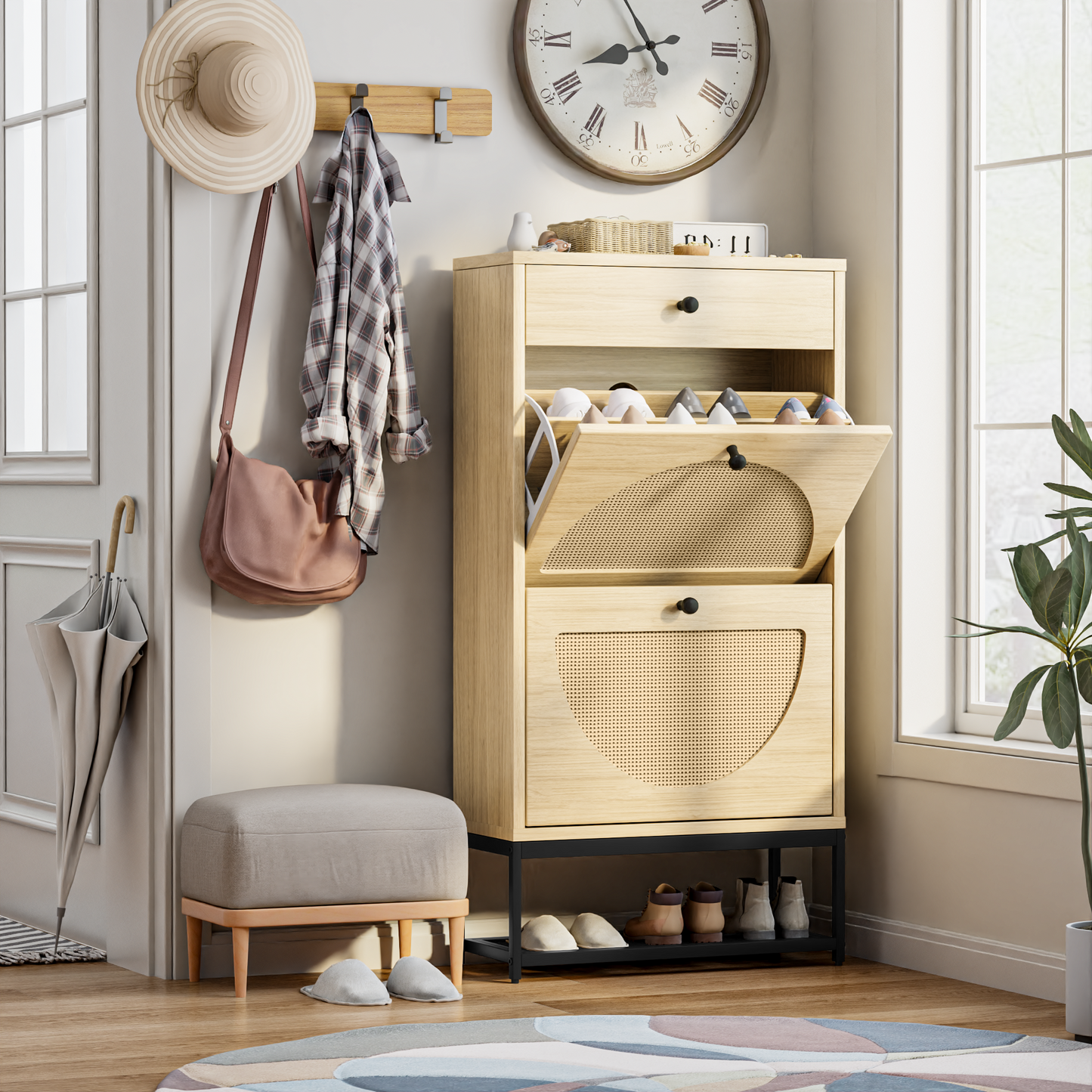 Furlinkhm Natural Rattan Shoe Cabinet with 2 Flip Drawers and 1 Pull Drawer, Slim Shoe Storage Cabinet Entrance Hallway Free Standing Shoe Rack with Metal Frame for Sneaker, Sandal, Boot, Slipper