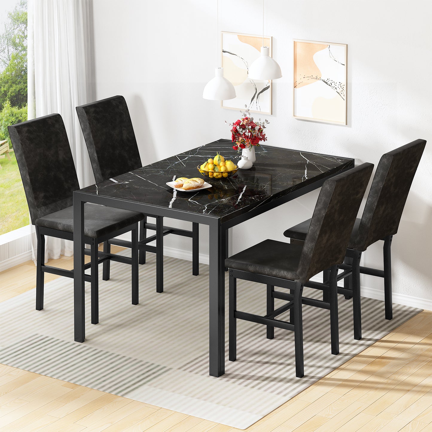 Furlinkhm Products 5-Piece Marble Dining Set, Modern Kitchen Table and Chairs for Dining Room, Compact Space Saving Furniture, Dinette, 4 Upholstered Velvet Chairs