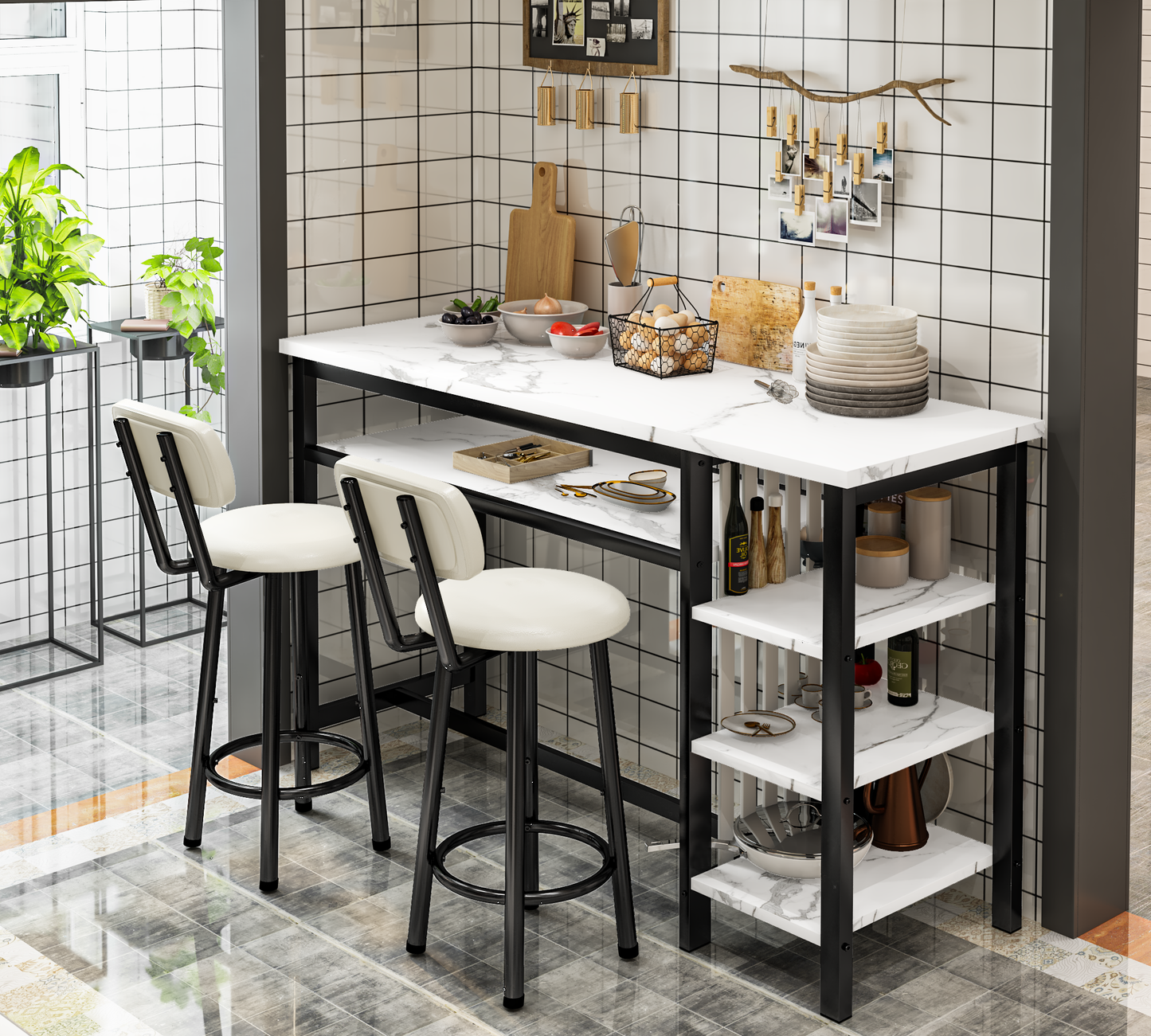 Furlinkhm 3-Piece Bar Table and Chairs Set, Modern White Faux Marble Table with 2 PU Cushion Bar Stools, Kitchen Counter with 3 Tier Storage Shelves, Space Saving Table for Home & Kitchen, Black Frame