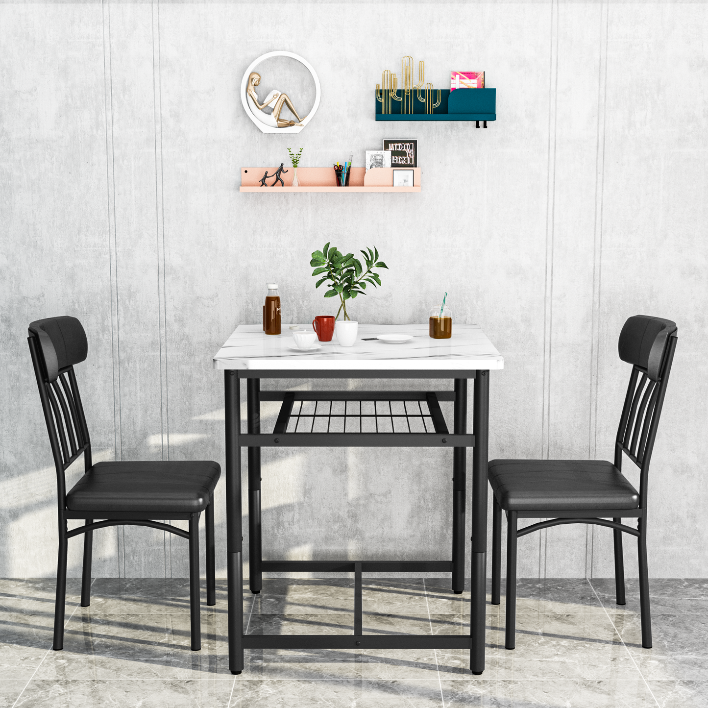 Furlinkhm Square Dining Table Set for 2,Compact Bistro Table with Upholstered Chairs, Space Saving Kitchen Breakfast Nook, Built-in Storage Rack 3-Piece Modern Dining Set for Kitchen&Dining