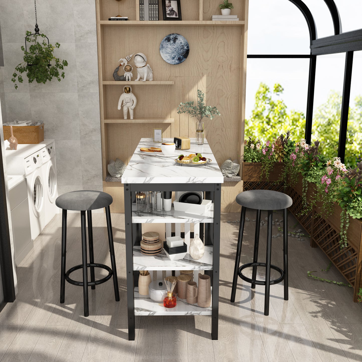 Furlinkhm Bar Table Set with Storage Shelves, 47" Modern White Faux Marble Breakfast Table with 2 Velvet Stools, 3-Piece Dining Set for 2, Space Saving Table for Kitchen/Dining Room/Living Room/Studio