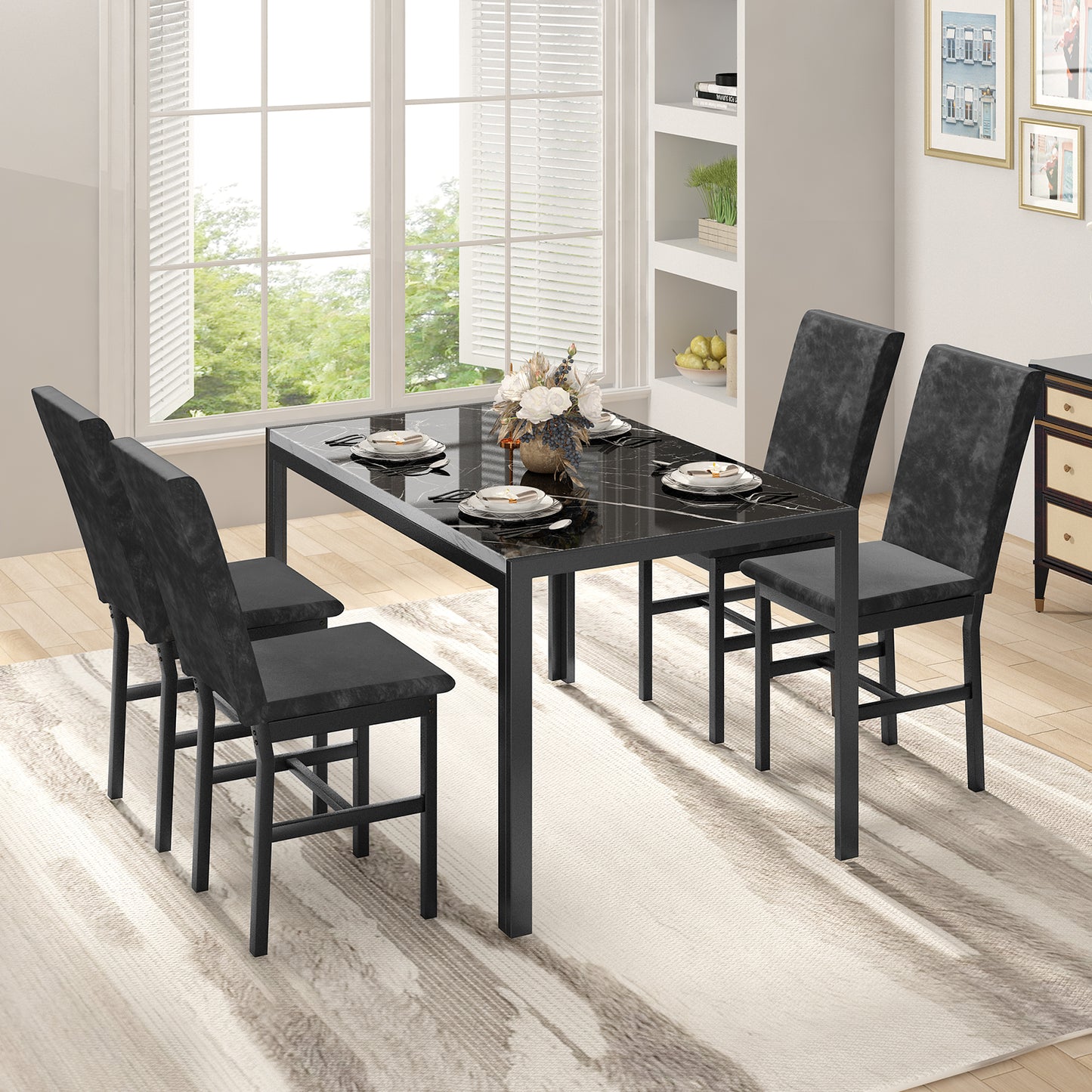 Furlinkhm Products 5-Piece Marble Dining Set, Modern Kitchen Table and Chairs for Dining Room, Compact Space Saving Furniture, Dinette, 4 Upholstered Velvet Chairs