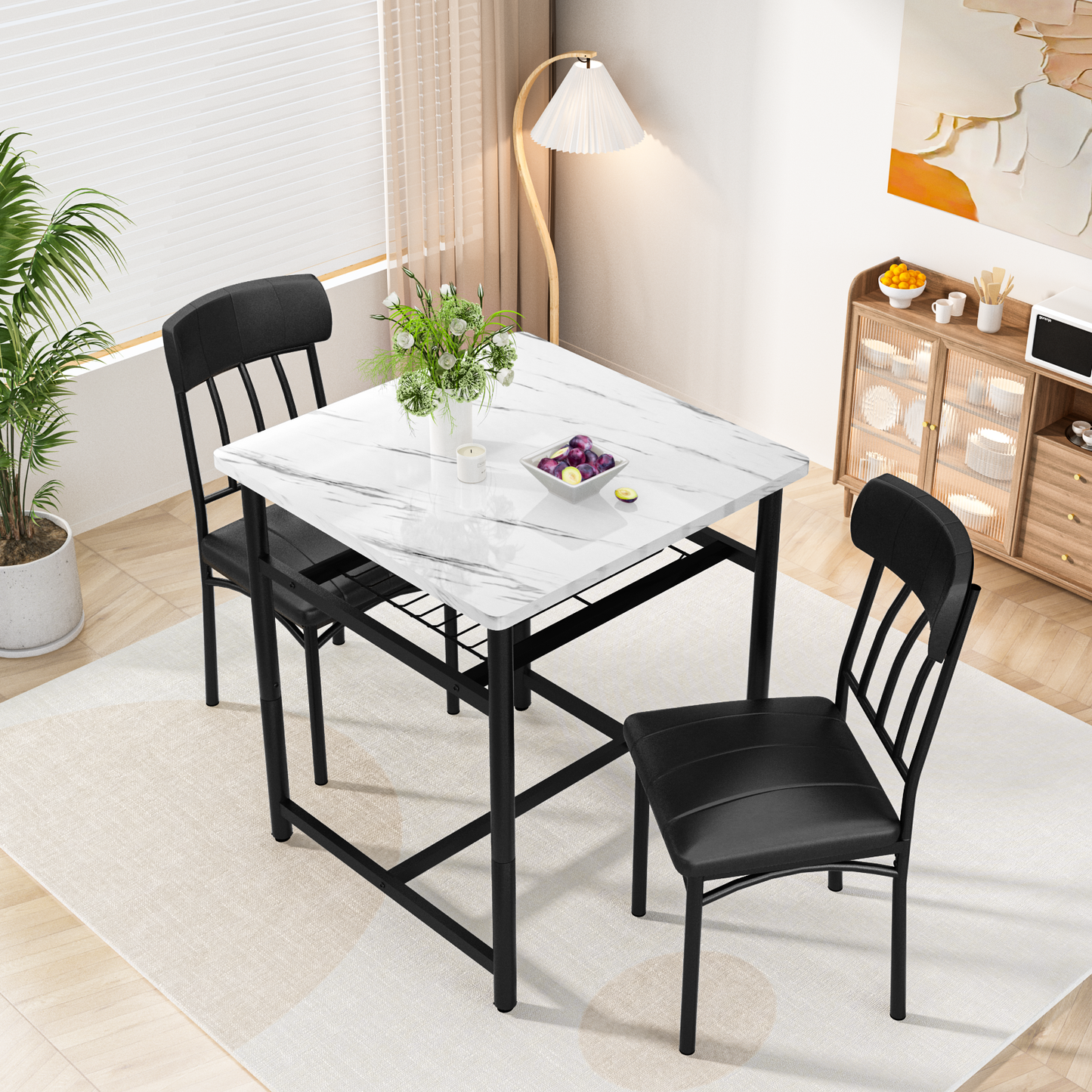 Furlinkhm Square Dining Table Set for 2,Compact Bistro Table with Upholstered Chairs, Space Saving Kitchen Breakfast Nook, Built-in Storage Rack 3-Piece Modern Dining Set for Kitchen&Dining