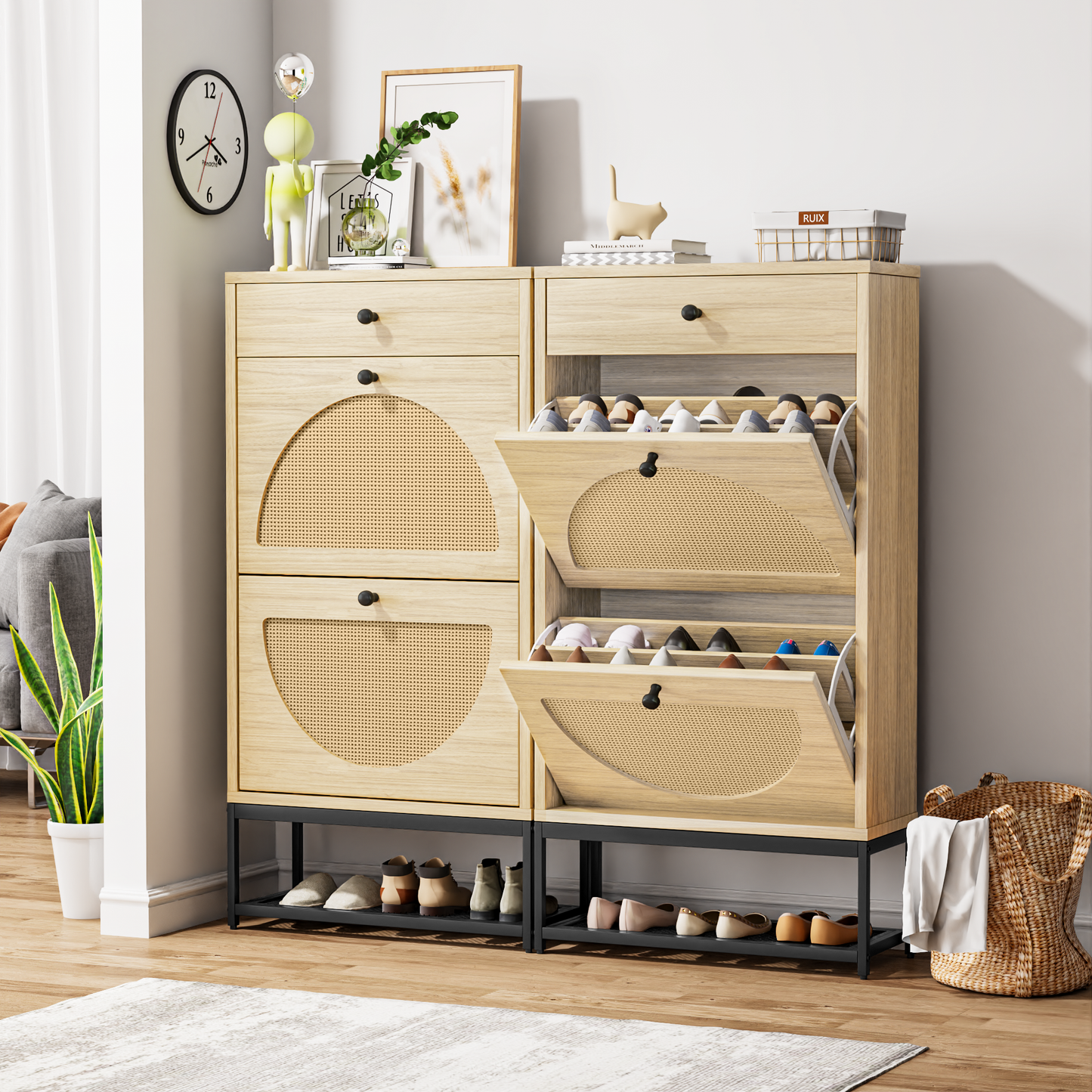 Furlinkhm Natural Rattan Shoe Cabinet with 2 Flip Drawers and 1 Pull Drawer, Slim Shoe Storage Cabinet Entrance Hallway Free Standing Shoe Rack with Metal Frame for Sneaker, Sandal, Boot, Slipper