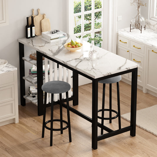 Furlinkhm Bar Table Set with Storage Shelves, 47" Modern White Faux Marble Breakfast Table with 2 Velvet Stools, 3-Piece Dining Set for 2, Space Saving Table for Kitchen/Dining Room/Living Room/Studio