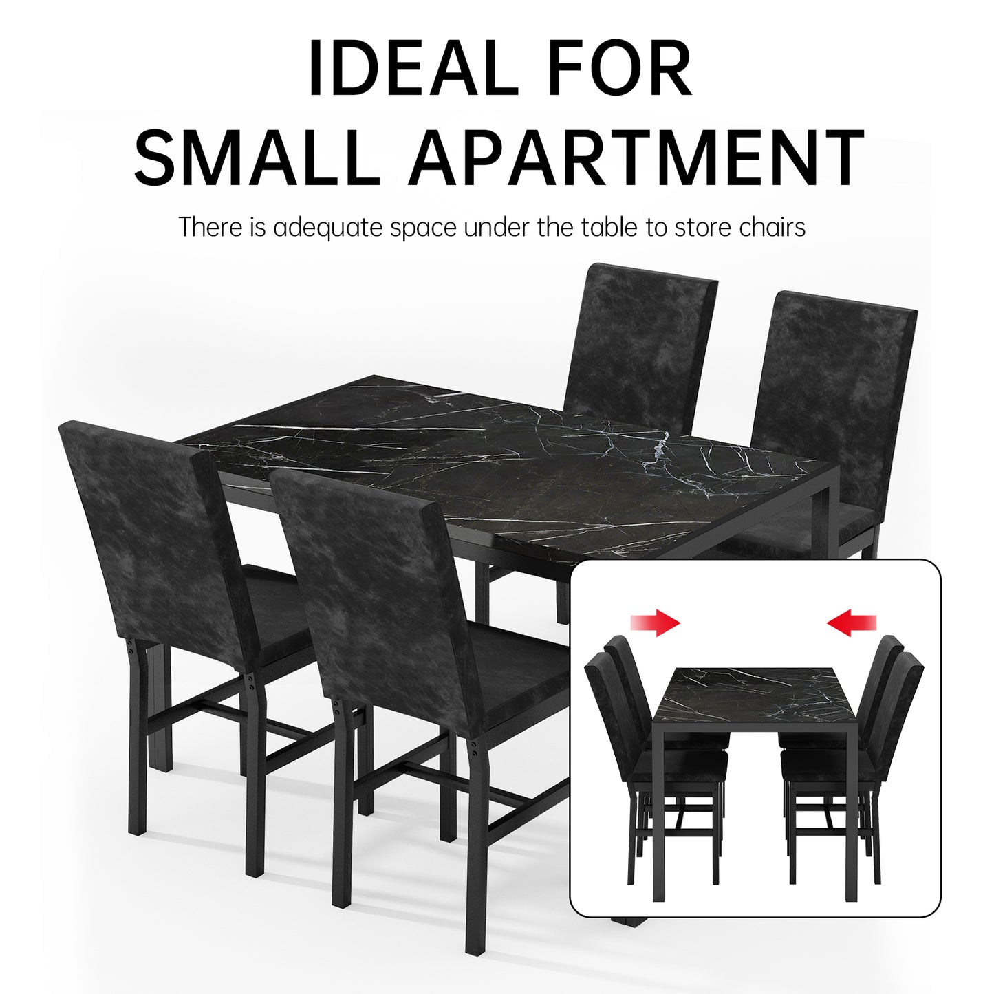 Furlinkhm Products 5-Piece Marble Dining Set, Modern Kitchen Table and Chairs for Dining Room, Compact Space Saving Furniture, Dinette, 4 Upholstered Velvet Chairs