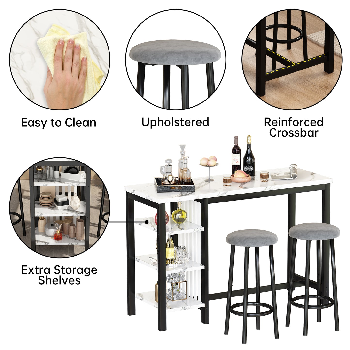 Furlinkhm Bar Table Set with Storage Shelves, 47" Modern White Faux Marble Breakfast Table with 2 Velvet Stools, 3-Piece Dining Set for 2, Space Saving Table for Kitchen/Dining Room/Living Room/Studio