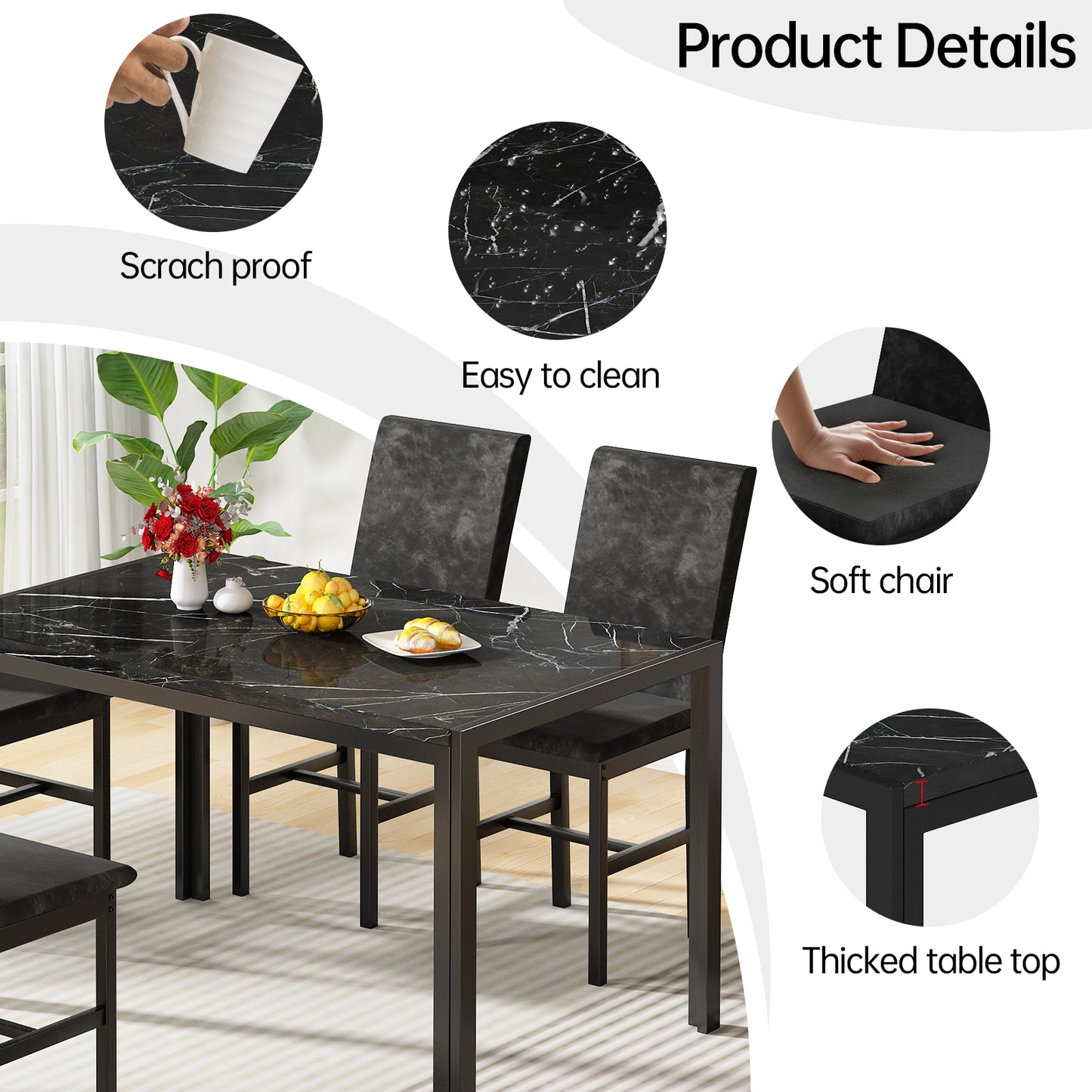 Furlinkhm Products 5-Piece Marble Dining Set, Modern Kitchen Table and Chairs for Dining Room, Compact Space Saving Furniture, Dinette, 4 Upholstered Velvet Chairs