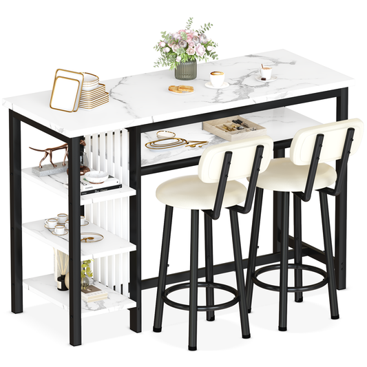 Furlinkhm 3-Piece Bar Table and Chairs Set, Modern White Faux Marble Table with 2 PU Cushion Bar Stools, Kitchen Counter with 3 Tier Storage Shelves, Space Saving Table for Home & Kitchen, Black Frame