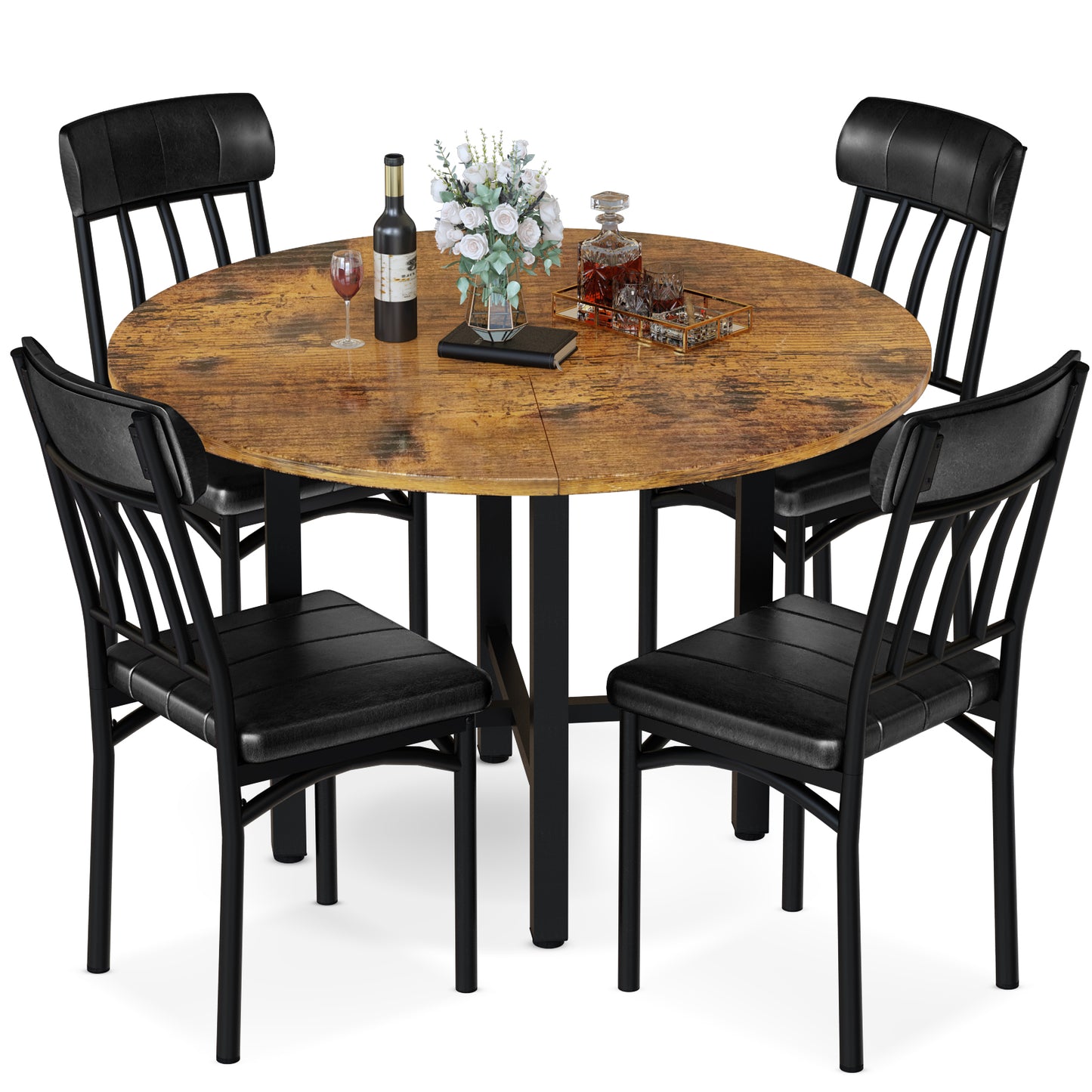 Furlinkhm Round Dining Table Set for 4,Round Kitchen Table and Chairs Set for 4,Modern Dining Room Table Set with 4 Faux Leather Chairs,Round Dinner Table for Small Space,Walnut