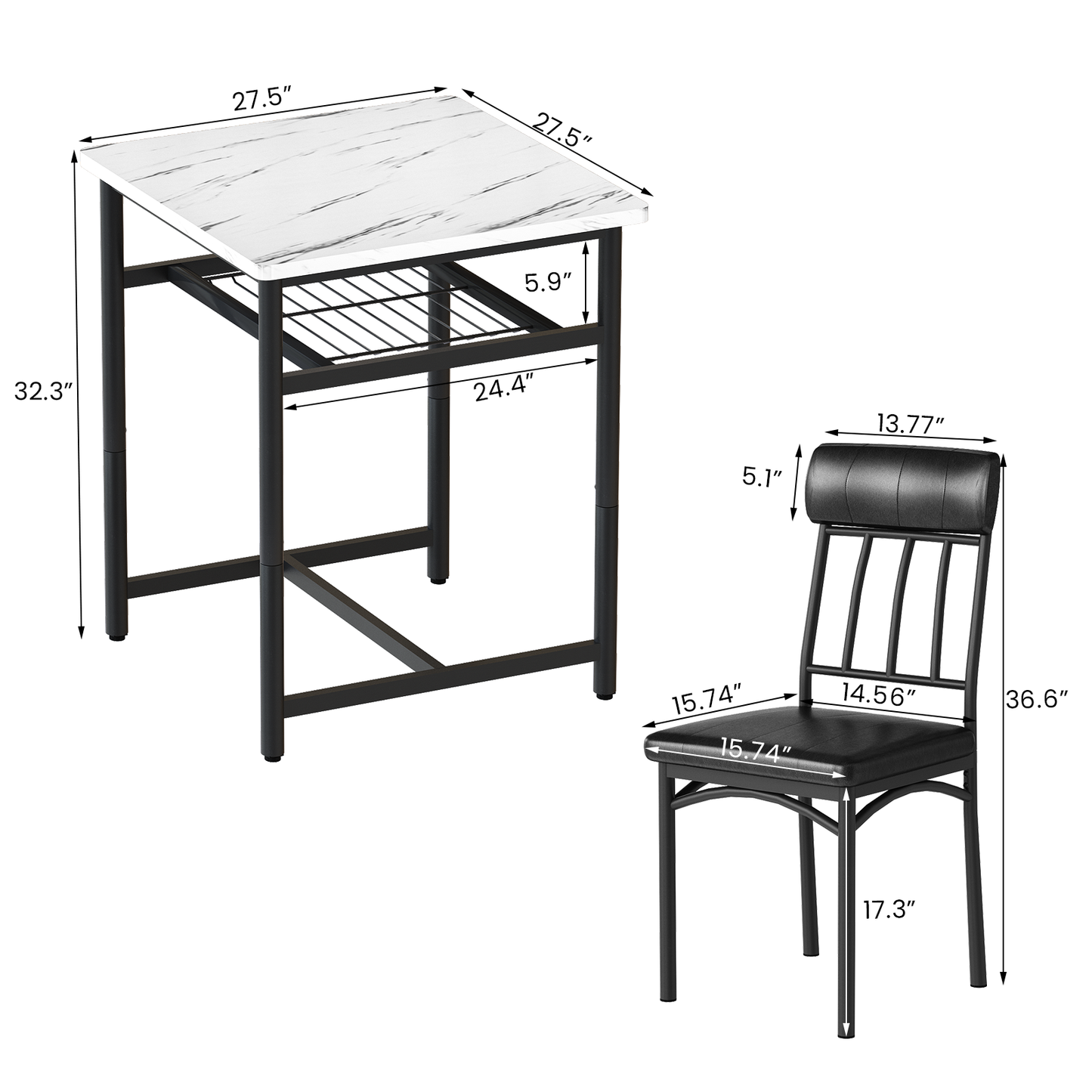 Furlinkhm Square Dining Table Set for 2,Compact Bistro Table with Upholstered Chairs, Space Saving Kitchen Breakfast Nook, Built-in Storage Rack 3-Piece Modern Dining Set for Kitchen&Dining