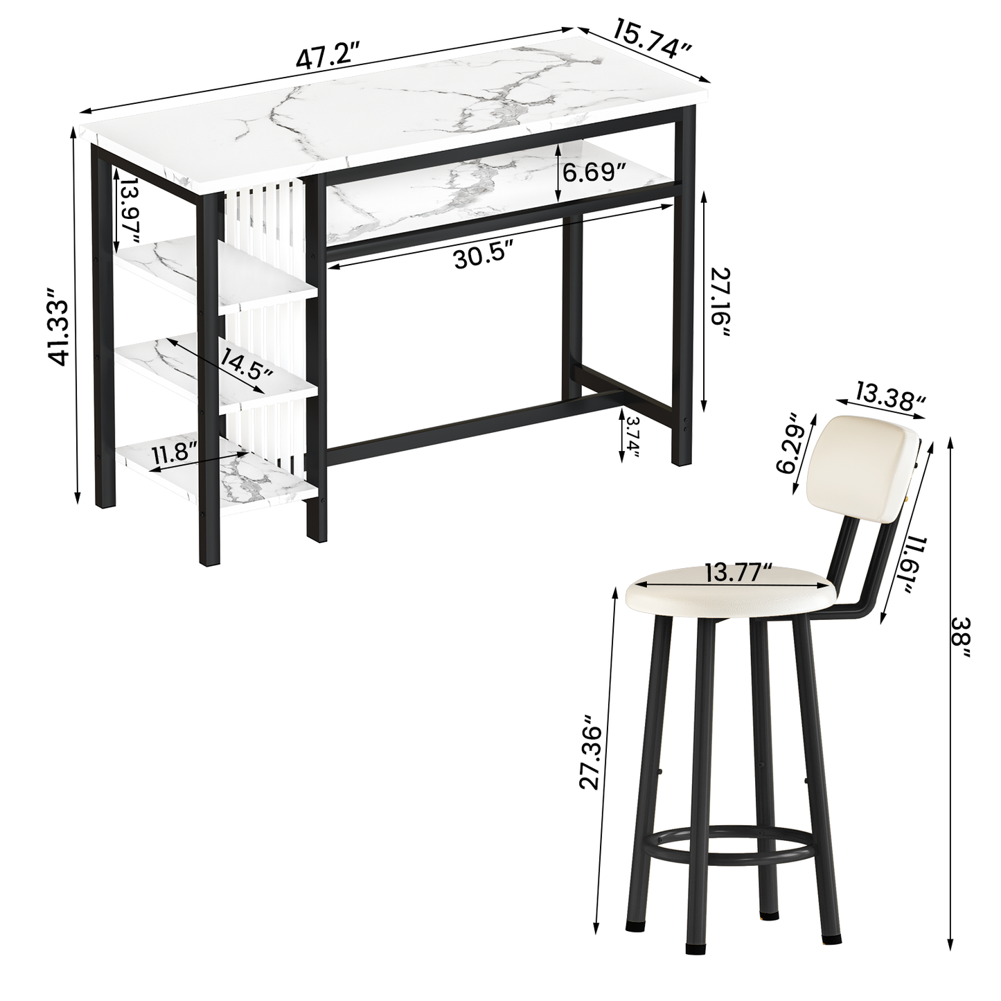 Furlinkhm 3-Piece Bar Table and Chairs Set, Modern White Faux Marble Table with 2 PU Cushion Bar Stools, Kitchen Counter with 3 Tier Storage Shelves, Space Saving Table for Home & Kitchen, Black Frame