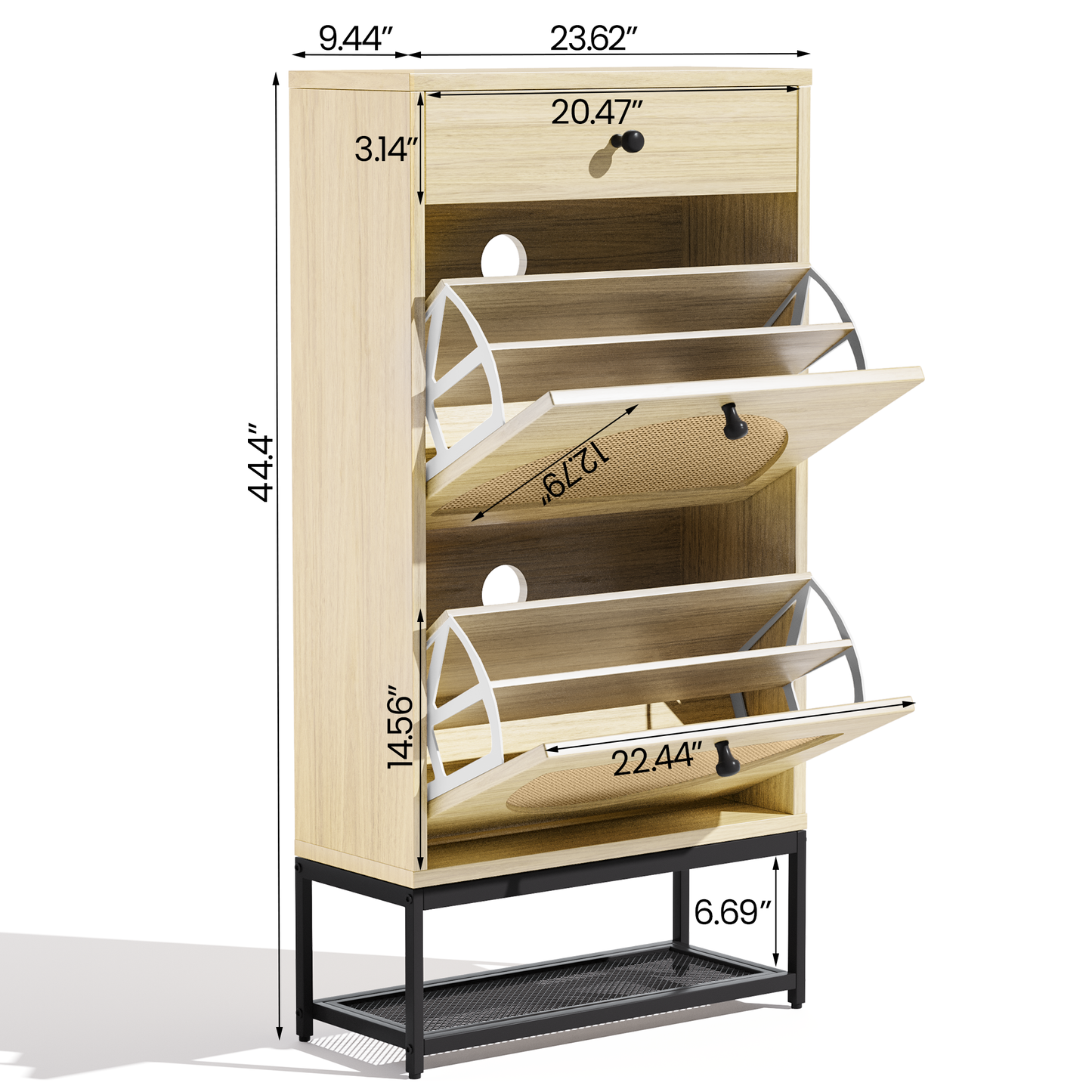 Furlinkhm Natural Rattan Shoe Cabinet with 2 Flip Drawers and 1 Pull Drawer, Slim Shoe Storage Cabinet Entrance Hallway Free Standing Shoe Rack with Metal Frame for Sneaker, Sandal, Boot, Slipper