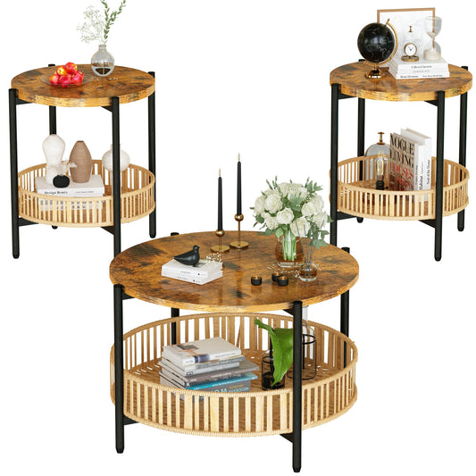 furlinkhm 3 Pieces Coffee Table Set for Living Room, Boho Living Room Table Set with Rattan Storage Shelf and Metal Frame, Round Coffee Table & 2 End Side Tables for Apartment Home Office